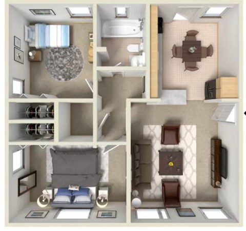 Floor plan for 2 beds, 1 bath, 740 sqft